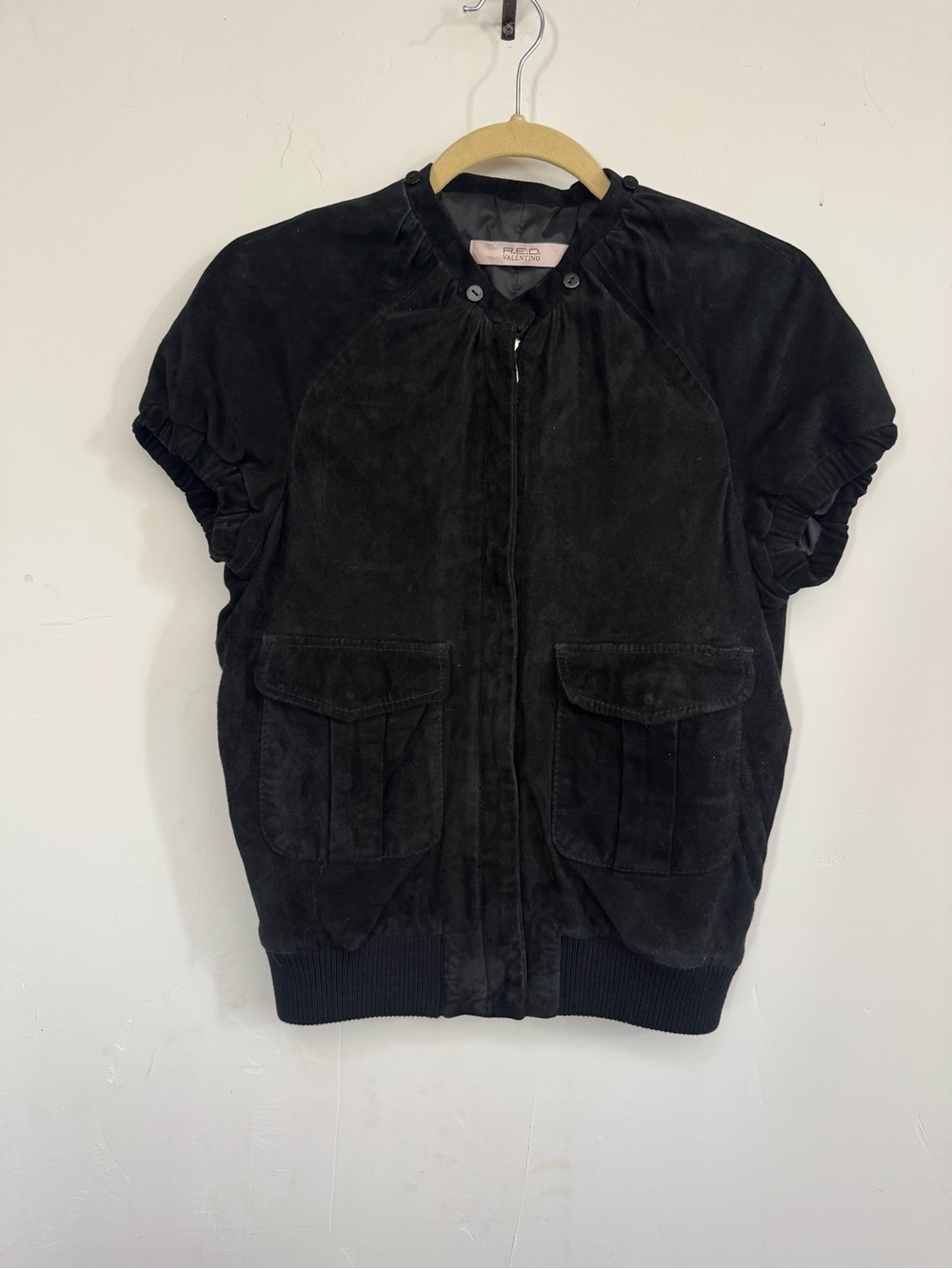 R.E.D Valentino Black Suede Short-Sleeve Bomber Jacket